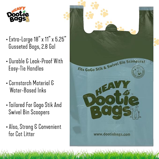 HEAVY Dootie Bags with EZ Tie Handles. Clean and Convenient for Pet Dog Poop, Cat Litter. Multi-Use. Great for Swivel Bin and Gogo Stik Scoopers. Made with Cornstarch. Strong, Leakproof and Very Large