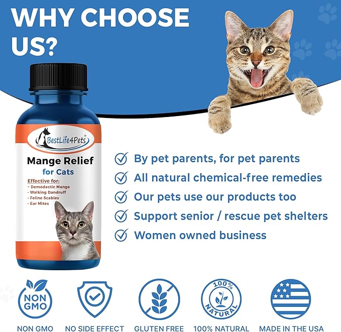 BestLife4Pets 2 Packs Demodectic Mange and Scabies Relief for Cats - Ear Mites & Itch Relief Supplements for Cat Itching Relief - Restores Healthy Feline Coat and Skin - Easy to Use Natural Pills