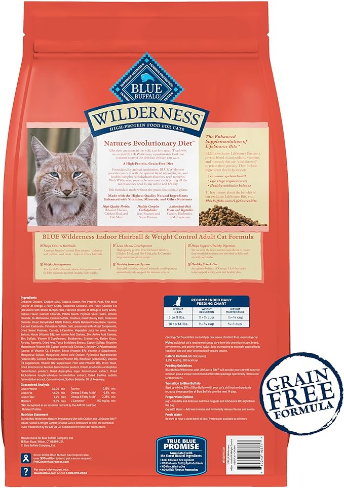 Blue Buffalo Wilderness Adult Indoor Dry Cat Food, Indoor Hairball Control and Weight Control Formula, High-Protein and Grain-Free Diet, Made with Natural Ingredients, Chicken, 11-lb. Bag