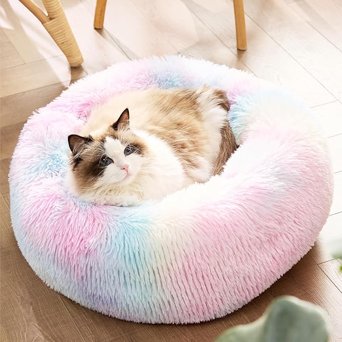 Bedsure Calming Cat Bed for Indoor Cats - Small Washable Round Cat Bed, Anti-Slip Fluffy Plush Faux Fur Pet Bed, Fits up to 15 lbs Pets, Multi-Colored, 20 inches