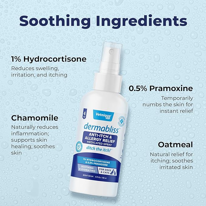 Vetnique Dermabliss Anti Itch Spray for Dogs & Cats with Hydrocortisone for Allergies and Immediate Dog Itching Skin Relief - Fragrance Free with Soothing Oat Extract (4oz Anti Itch Spray)