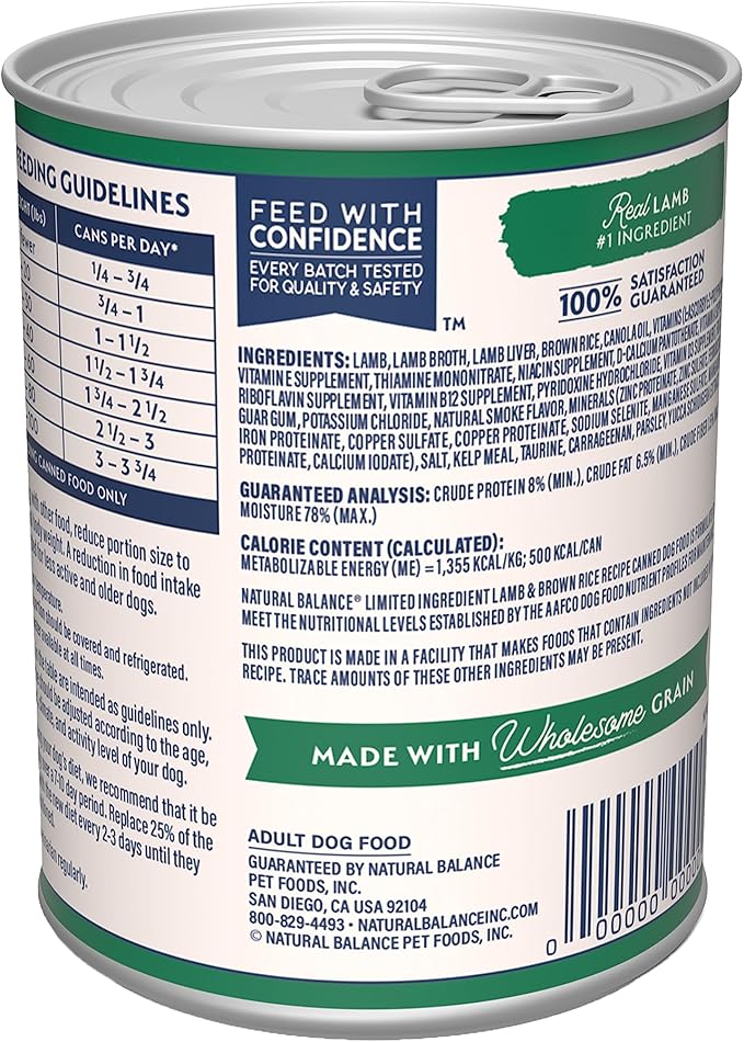 Natural Balance Limited Ingredient Adult Wet Canned Dog Food with Healthy Grains, Lamb & Brown Rice Recipe, 13 Ounce (Pack of 12)