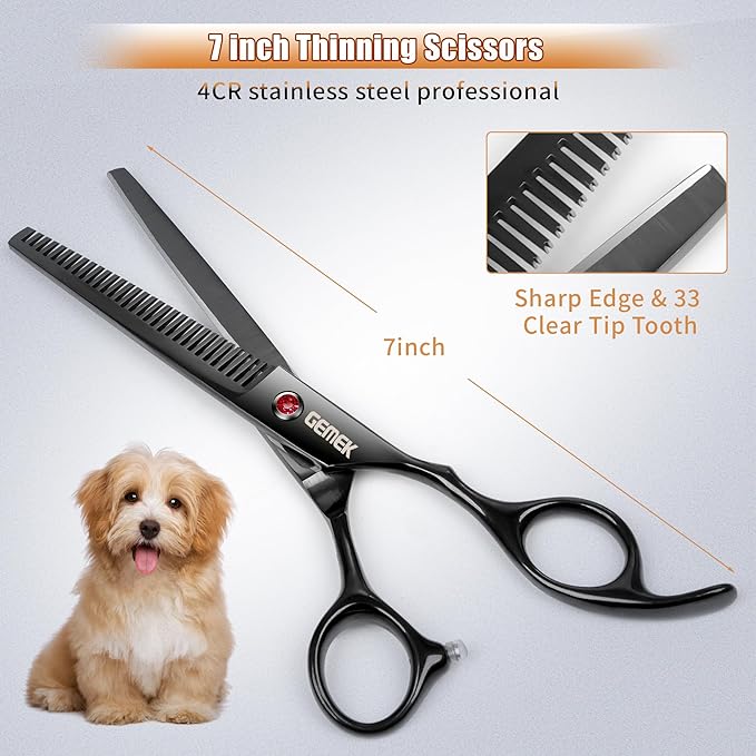 7.0in Titanium Professional Dog Grooming Scissors Set, GEMEK 6 in 1 Straight & Thinning & Upwards Curved & Downwards Curved Scissors & Comb for Dogs, Cats and Other Animals