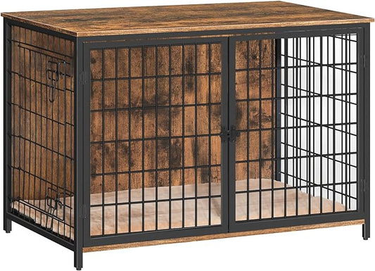 Dog Crate Furniture with Cushion, Wooden Dog Kennel with Double Doors, Heavy Duty Dog Cage for Small/Medium/Large Dogs, Indoor Dog House End Table, 39.4" L, Rustic Brown DCHR10701