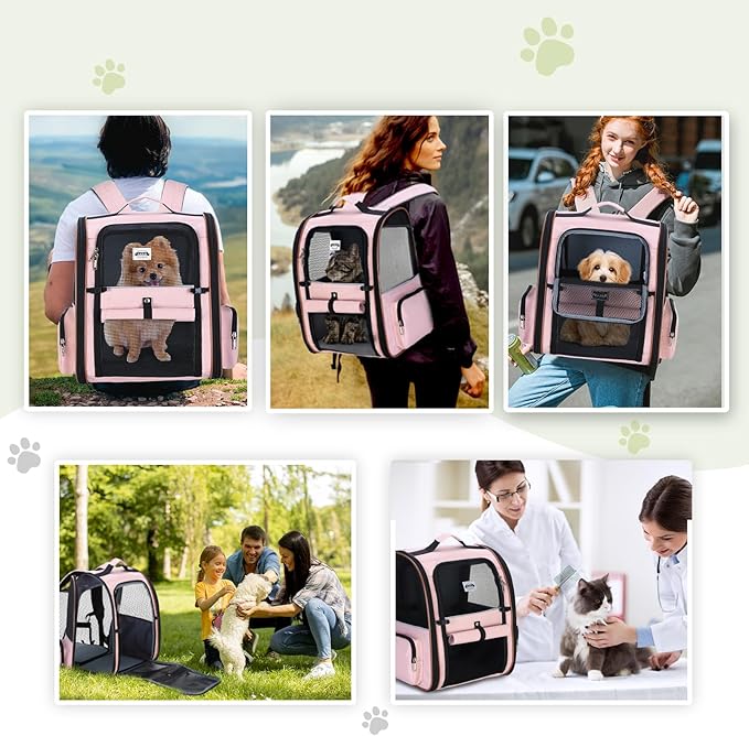 Lekebobor Extra Large Cat Backpack Carrier Expandable Pet Carrier Backpack for Small Dogs Medium Cats Fit Up to 18 Lbs, Dog Backpack Carrier, Foldable Puppy Backpack Carrier for Travel, Hiking,Pink