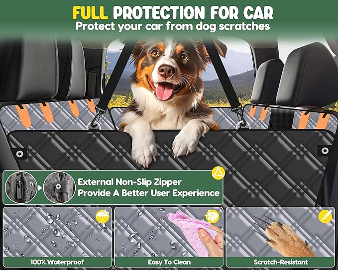 Back Seat Extender for Dogs, Dog Car Seat Cover Hard Bottom, Pet Seat Cover with Mesh Window, Dog Seat Covers for Car Travel Camping, Dog Hammock for Car, Truck, Dog Trunk Cover for SUV Grey