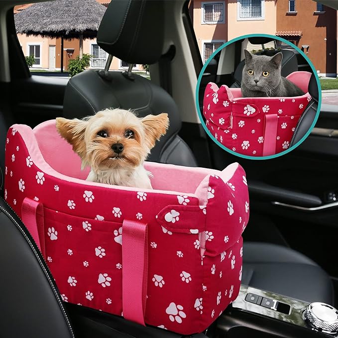 Cullaby Center Console Dog Car Seat Small under 15 lbs, dog console car seat for Small Dogs Middle (Pink)…