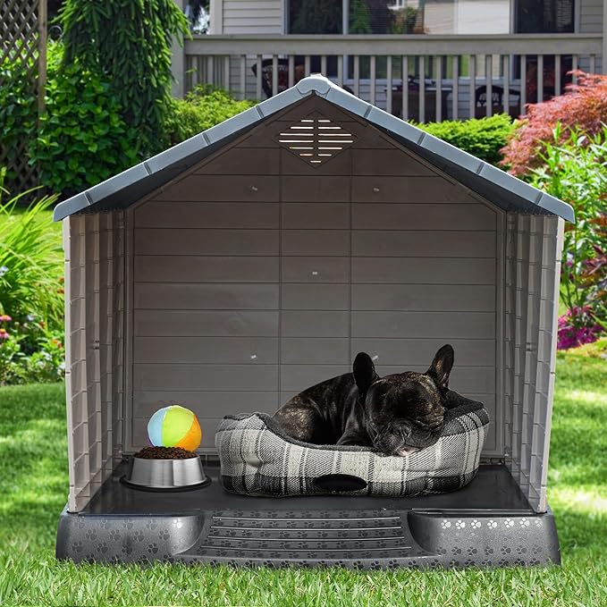 YITAHOME 34.5'' Large Plastic Dog House Outdoor Indoor Doghouse Puppy Shelter Water Resistant Easy Assembly Sturdy Dog Kennel with Air Vents and Elevated Floor (34.5''L*31''W*32''H, Gray+Brown)