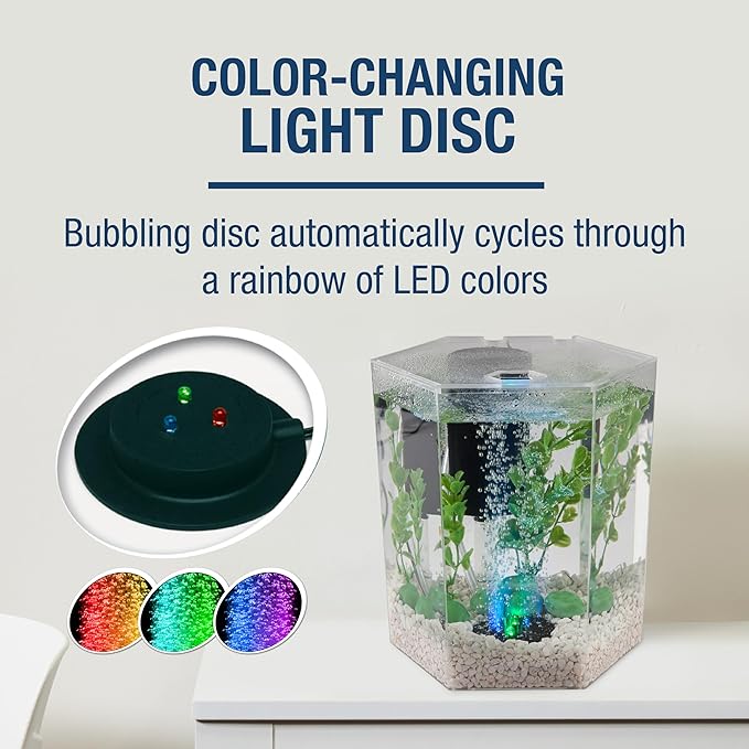 Tetra Bubbling LED Aquarium Kit 1 Gallon, Hexagon Shape, With Color-Changing Light Disc,Green (Packaging may vary)