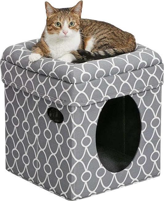 MidWest Homes for Pets Cat Cube Cozy Cat House / Cat Condo in Fashionable Gray Geo Print 15.5L x 15.5W x 16.5H Inches