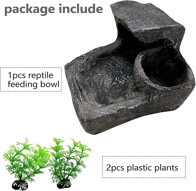 Reptile Feeding Bowl Resin Turtle Food Water Dish Tank Decor Basking Climbing Platform with Artificial Plants for Lizard Gecko Chameleon Frog Beared Dragon Spider