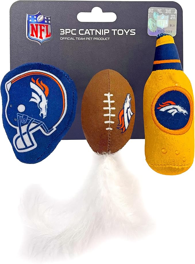 BEST PLUSH CAT TOY - NFL DENVER BRONCOS Complete Set of 3 piece Cat Toys filled with Fresh Catnip. Includes: 1 Helmet Cat Toy, 1 Football Cat Toy with Feathers & 1 Beer Bottle. Beautiful Team LOGOS