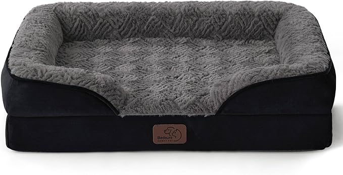 Bedsure Small Orthopedic Dog Bed - Calming Dog Sofa Beds for Small Dogs with Luxurious Short Plush, Pet Couch Bed with Removable Washable Cover, Waterproof Lining and Nonskid Bottom Couch, Black