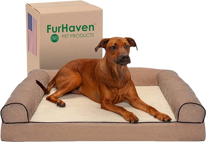 Furhaven Orthopedic Dog Bed for Large Dogs w/ Removable Bolsters & Washable Cover, For Dogs Up to 95 lbs - Sherpa & Chenille Sofa - Cream, Jumbo/XL