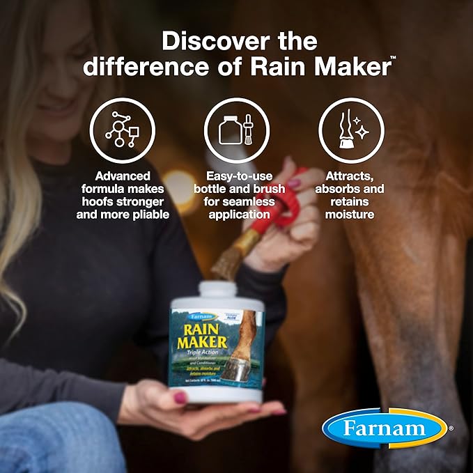 Farnam Rain Maker Triple Action Hoof Oil for Horses Moisturizer and Conditioner, Attracts, Absorbs and Retains Moisture, Contains Aloe, 32 Oz.