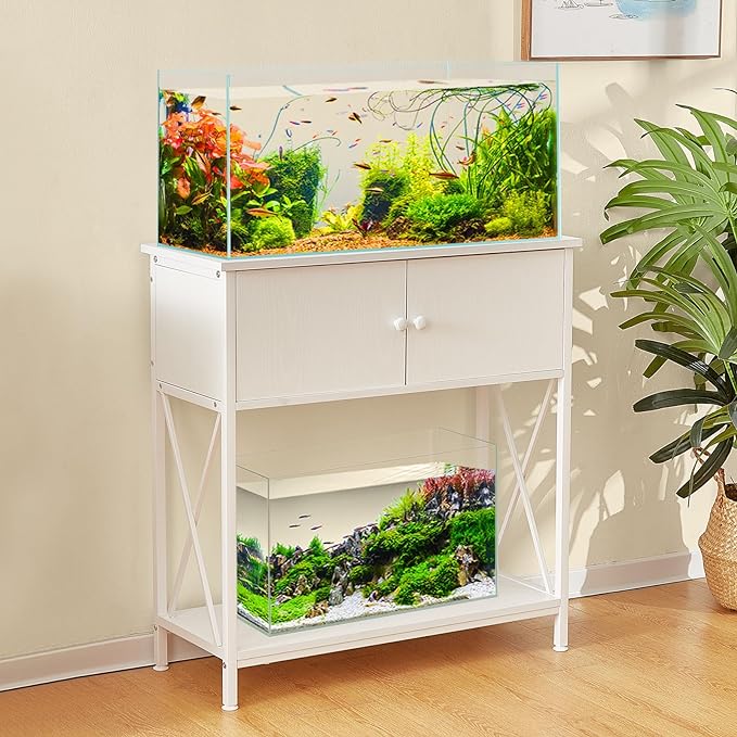 20-29 Gallon Aquarium Stand with Cabinet, 20 Gallon Long Fish Tank Stand with 31''L * 12''W Tabletop, Double Heavy Metal Stand with Stable Structure, Adjustable Table Feet - White