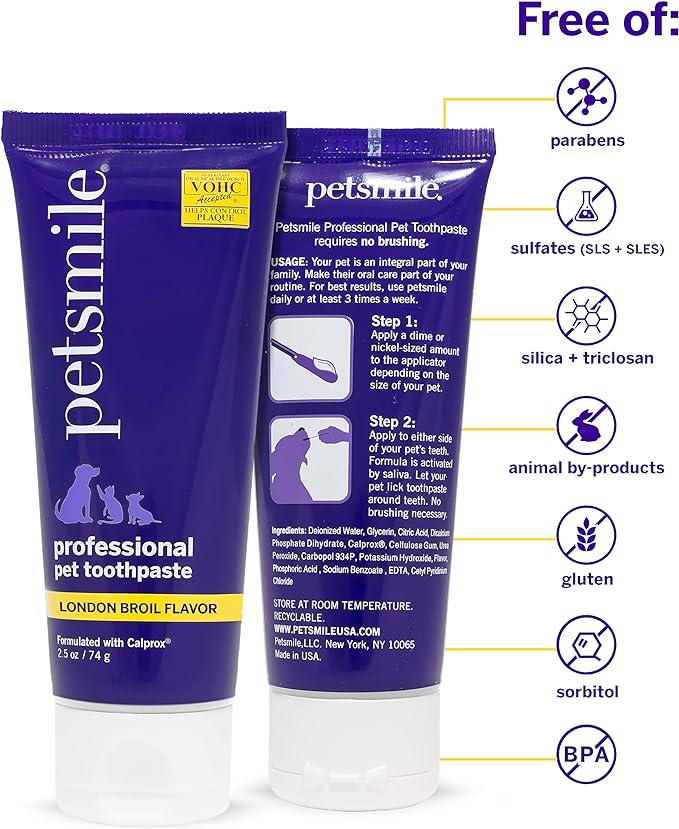 Petsmile Professional Pet Toothpaste - Cat & Dog Teeth Cleaning Supplies - Controls Plaque, Tartar, & Bad Breath - VOHC Accepted Toothpaste - Pet Dental Care Essentials (London Broil, 2.5 Oz)