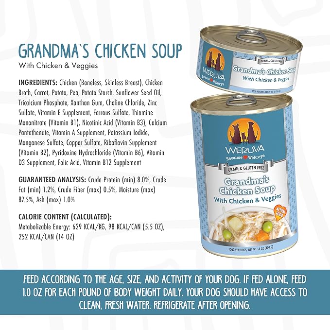Weruva Classic Dog Food, Grandma's Chicken Soup with Chicken Breast & Veggies, 5.5oz Can (Pack of 24), Blue (4124)
