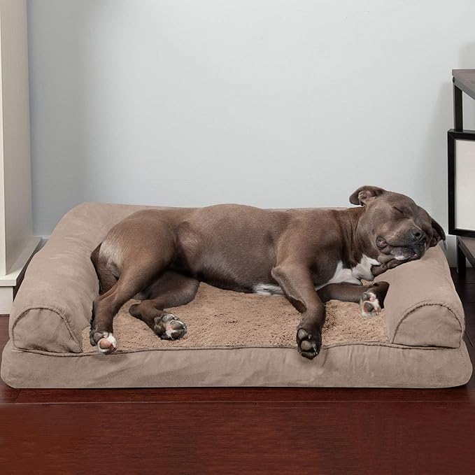 Furhaven Orthopedic Dog Bed for Large/Medium Dogs w/ Removable Bolsters & Washable Cover, For Dogs Up to 55 lbs - Plush & Suede Sofa - Almondine, Large