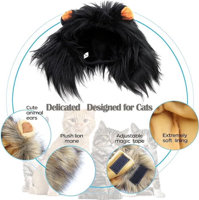 Lion Mane Wig for Cat Costume Pet Adjustable Washable Comfortable Fancy Lion Hair Cat Clothes Dress for Halloween Christmas Easter Festival Party Activity (Brown)