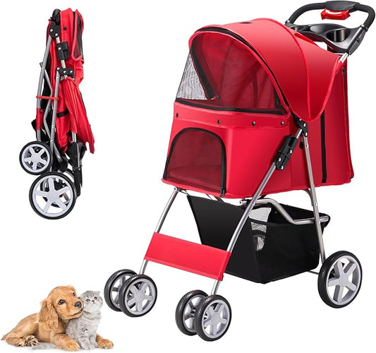 Pet Stroller 4 Wheels Dog Cat Stroller for Medium Small Dogs Cats, Folding Cat Jogger Stroller with Storage Basket & Breathable Mesh, Easy to Walk Travel Carrier, Red