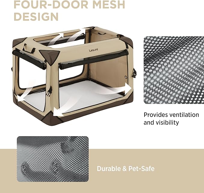 Lesure Collapsible Dog Crate - Portable Dog Travel Crate Kennel for Large Dog, 4-Door Pet Crate with Durable Mesh Windows, Indoor & Outdoor (Khaki)