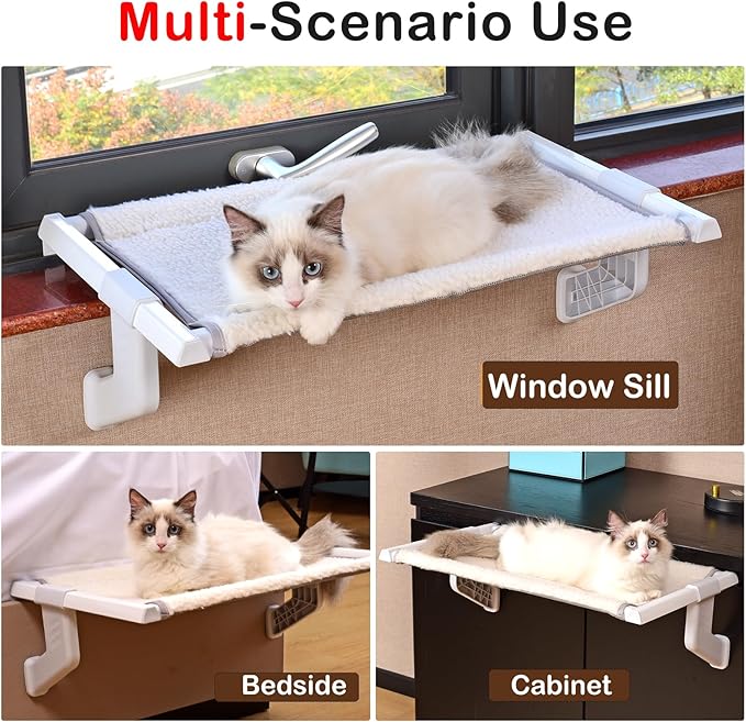 Cat Window Perch No Screws Easy to Adjust & Assemble with Reversible Washable Cover,Heavy Duty Metal Frame Cat Hammock Bed Seat Shelf for Windowsill,Ledge,Bedside for Large Cats and Kittens