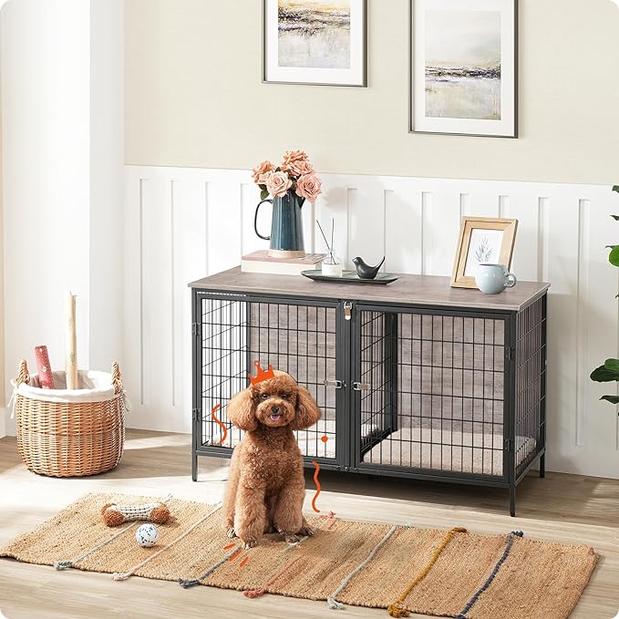 Dog Crate Furniture for 2 Dogs, 43.3" Dog Kennel with Removable Divider, Heavy Duty Wooden Dog Kennel for Small Medium Dog, Indoor Dog Cage End Table with Double Rooms, Greige DCHG1201