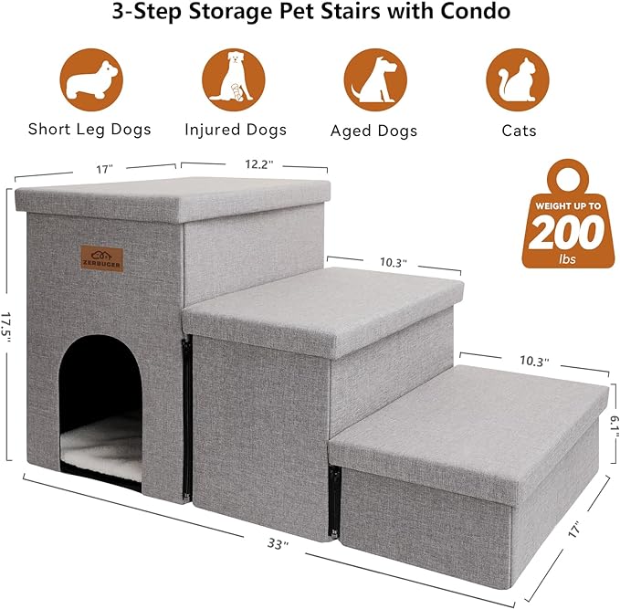 Dog Stairs, Dog Steps for High Beds 17.5"H, Folding Pet Stairs for Small Medium or Large Dogs Puppy with Storage for Bed and Couch, Dog Ramp for Car Hold Up to 200 lbs (Smok Grey, 3 Steps with Condo)