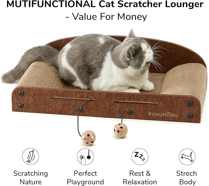 FUKUMARU 21 Inch Cat Scratcher Cardboard, Cat Lounger, Durable Cat Scratcher Bed Large Lounger with Bell Ball Toy, Recyclable Cat Scratching Pads for Indoor Cats, Cat Scratch Bed Cardboard