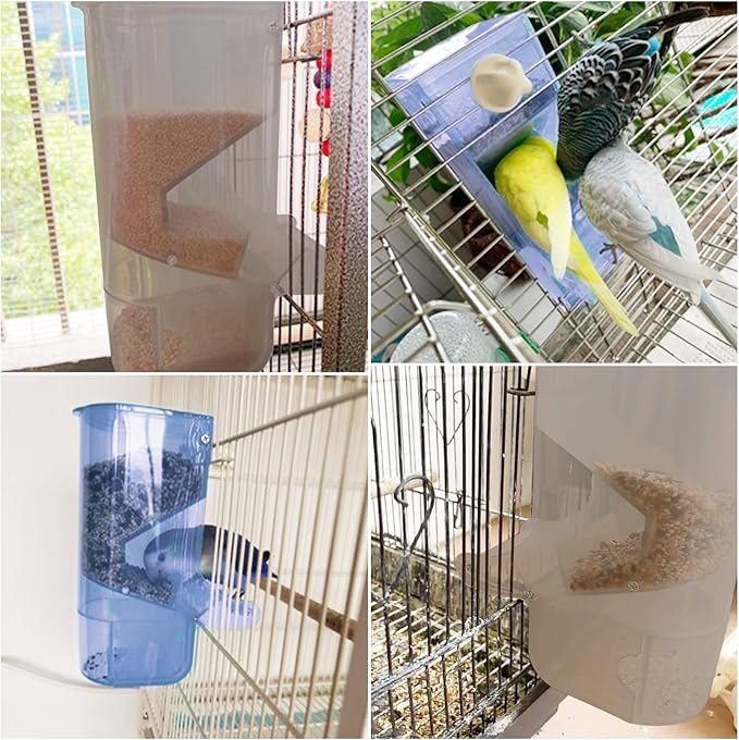 Hamiledyi Parrot Automatic Feeder No Mess Bird Feeder for Cage Parakeet Seed Food Container Plastic Lovebirds Cage Accessories for Small Conures Budgies Canary Finches(Blue)