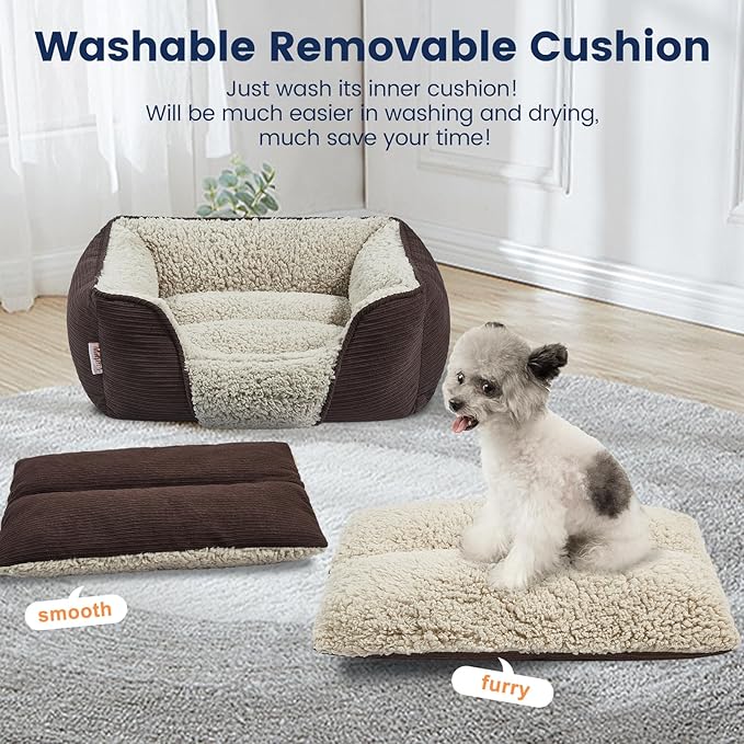 Miguel Washable Dog Bed with Removable Cushion for Small Dogs, Easy to Wash Pet Sofa Bed with Side, Rectangle Bolster Cat Bed Calming Cuddle Puppy Bed with Anti-Slip Bottom, Dark Brown 20 Inch