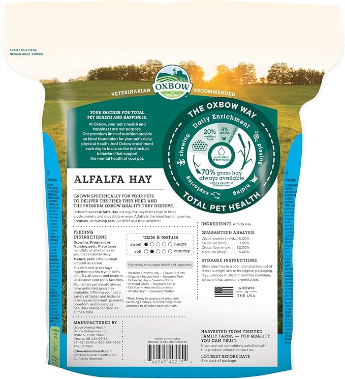 Oxbow Animal Health Alfalfa Hay, For Rabbits, Guinea Pigs, And Small Pets, Grown In The USA, Hand-Selected And Hand-Sorted, 15 Ounce