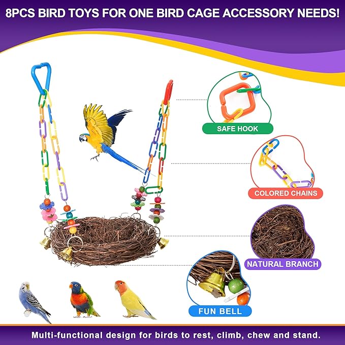 Bird Parakeet Toys 8PCS - Parrot Cage Accessories Chewing Stuff, Natural Woven Climbing Perch Nest, Chewing Toys for Budgerigars, Conure, Cockatiel, Finch, Lovebirds, and Medium, Small Birds