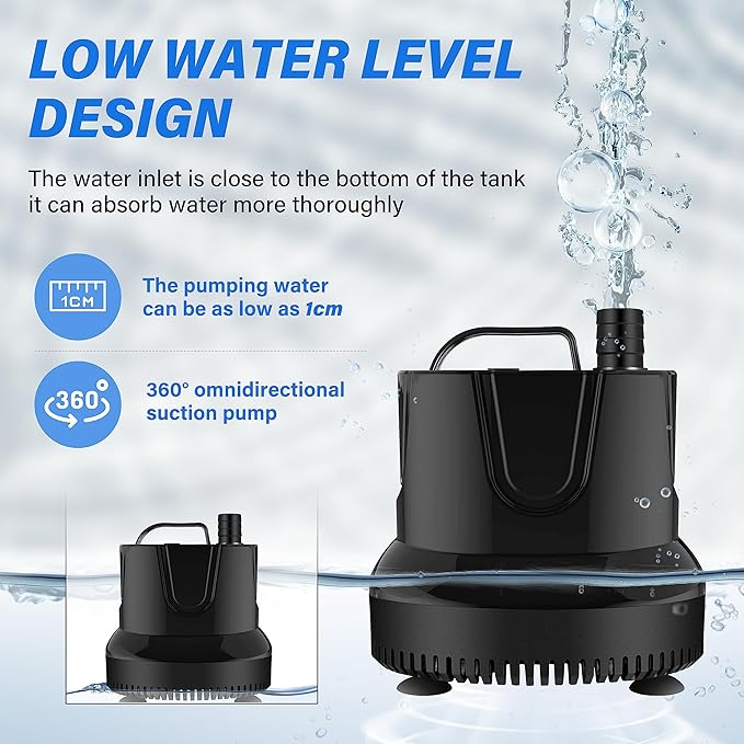 Simple Deluxe 660GPH Bottom Suction Submersible Water Pump 2500L/H 45W, 3 Nozzles with 8.2ft High Lift for Fish Tank, Pond, Aquarium, Hydroponics, Fountains