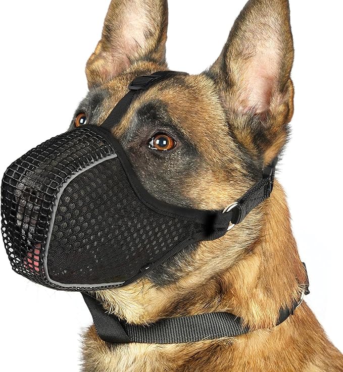 Mayerzon Dog Muzzle, Mesh Muzzle for Small Medium Large Dogs, Reflective Muzzle for Nighttime Walks, Soft Fully Closed Muzzle Anti Biting Scavenging Chewing, Allows Dogs to Pant and Drink