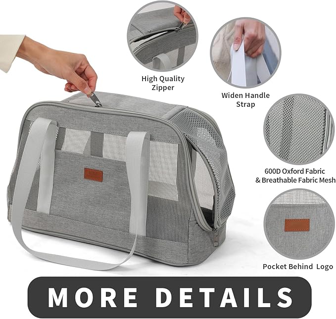 HSC PET Light Grey Cat Carrier Soft-Sided Small Dog Bag Puppy Pet Purse Traveling Go to Vet,Leisure Style,Small Pets Outdoor Function Handbag,10lb Puppy/12 lb Cat/Kitties Totes (Large, Grey)