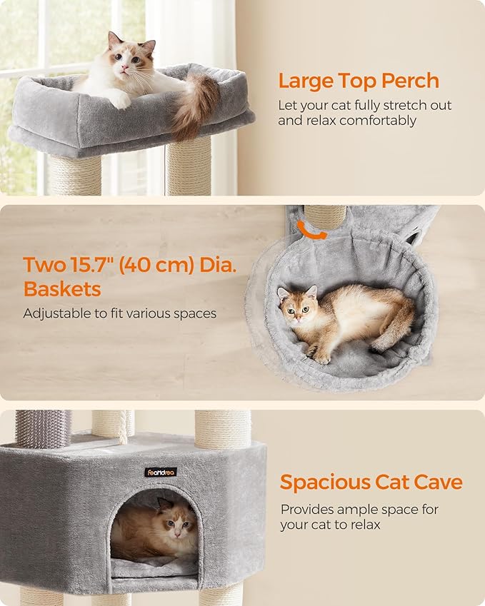 Feandrea Cat Tree for Large Cats, 63-Inch Heavy-Duty Cat Tower with Self-Warming Pads, 2 Self-Groomers, 9 Scratching Posts, Large Perch, Cave, and Baskets, Dove Gray and Cream White UPCT003N01