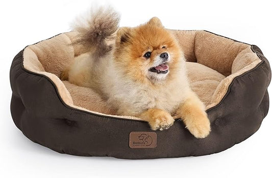 Bedsure Dog Beds for Small Dogs - Round Cat Beds for Indoor Cats, Washable Pet Bed for Puppy and Kitten with Slip-Resistant Bottom, 25 Inches, Brown