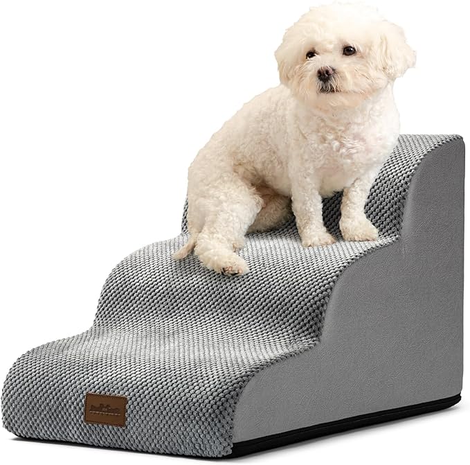 Dog Stairs for Couch or Low Bed, Small Dogs Ramp with Leakproof Fabric Cover, Foam Pet Steps for Cat and Sofa, Lightweight, Non-Slip, Durable, Comfort, 15.7x22.4x15.7in, Grey, 3 Steps