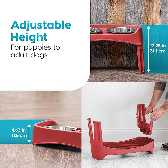 IRIS USA Elevated Dog Bowls, Adjustable Height, 2 Thick 64 oz Stainless Steel Bowls, Spill-Proof with Raised Outer Rim, Durable Made in USA Plastic, Easy Assemble, 2 Heights 4.63" or 12.25" Red