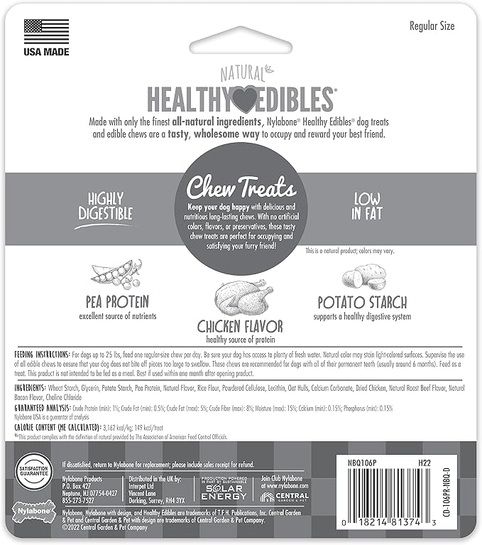 Nylabone Healthy Edibles Natural Dog Chews Long Lasting Chicken Flavor Treats for Dogs, Small/Regular (3 Count)