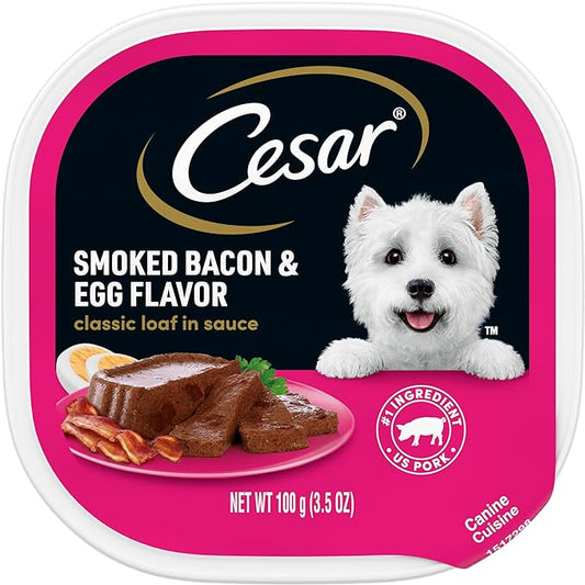 CESAR Adult Wet Dog Food Classic Loaf in Sauce Smoked Bacon & Egg Flavor, 3.5 oz. Easy Peel Trays, Pack of 24