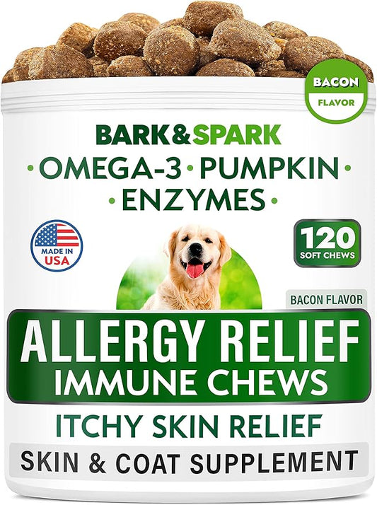 BARK&SPARK Dog Allergy Relief Chews - Anti-Itch Skin & Coat Supplement - Omega 3 Fish Oil - Itchy Skin Relief Treatment Pills - Itching & Paw Licking - Dry Skin&Hot Spots - (120 Immune Treats - Bacon)