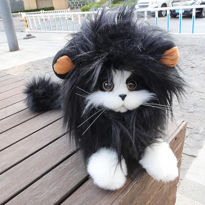 Lion Mane Wig for Cat Costume Pet Adjustable Washable Comfortable Fancy Lion Hair Cat Clothes Dress for Halloween Christmas Easter Festival Party Activity (Large, Black)