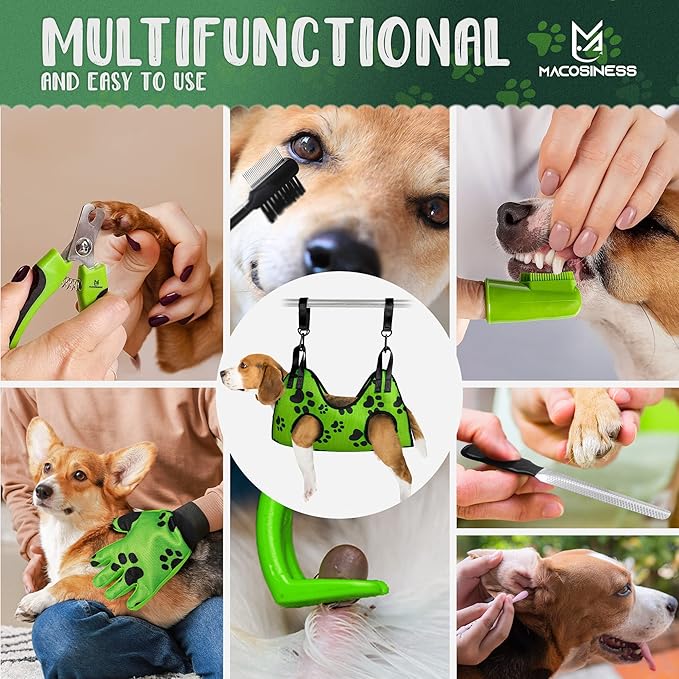 Pet Grooming Hammock for Nail Trimming - Complete Groomers Helper Set for Pet - Dog Grooming Hammock with Hook - Cat Nail Clipper - Dog Hammock for Nail Clipping (M, Lime with black paws)