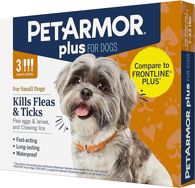PetArmor Plus Flea and Tick Prevention for Dogs, Dog Flea and Tick Treatment, 3 Doses, Waterproof Topical, Fast Acting, Small Dogs (5-22 lbs)