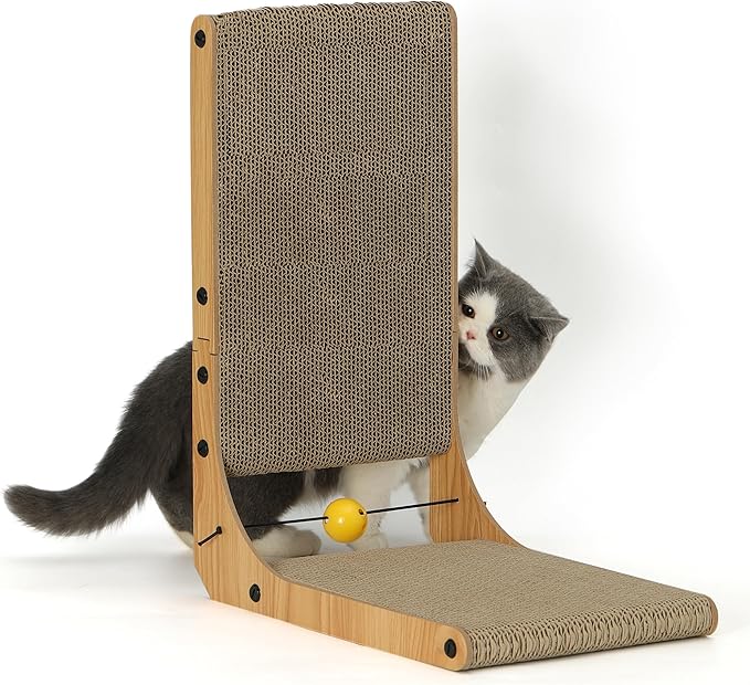 FUKUMARU Cat Scratcher, 18.9 Inch L Shape Cat Scratch Pad, Vertical Cat Scratcher Wall Mounted, Cat Scratching Cardboard with Ball Toy for Indoor Cats