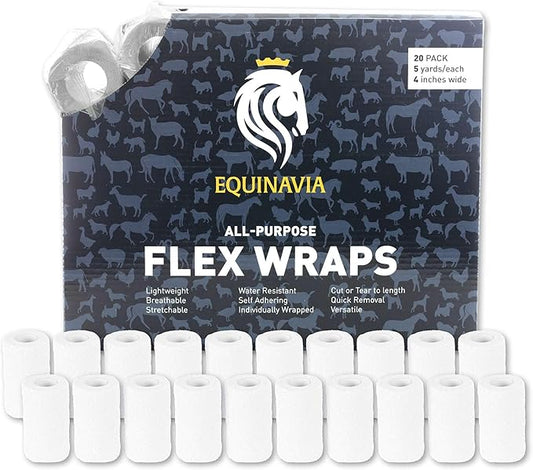 Equinavia 20 Pack Self Adhesive 4 Inch Vet Wraps with Easy-Dispenser Case | Bandages for Horses, Pets, Sports, Tattoo - Black - 20 x 5 yd - White - 20 x 5 yd