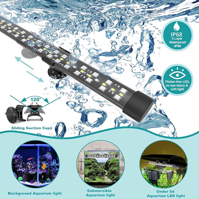 Submersible Aquarium Light for Fish Tank, 24/7 Cycle Fish Tank Light with Timer, Full Spectrum+7 Single Colors, Auto On/Off, Adjustable Brightness (18.9 Inch for 20-35inch Tank)